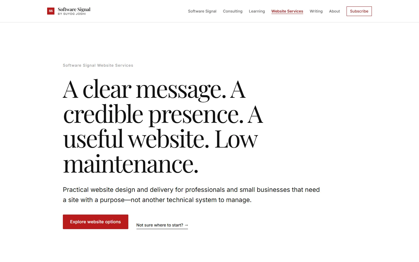 Current Software Signal Website Services page showing the unified brand navigation, restrained typography, and clearer service promise