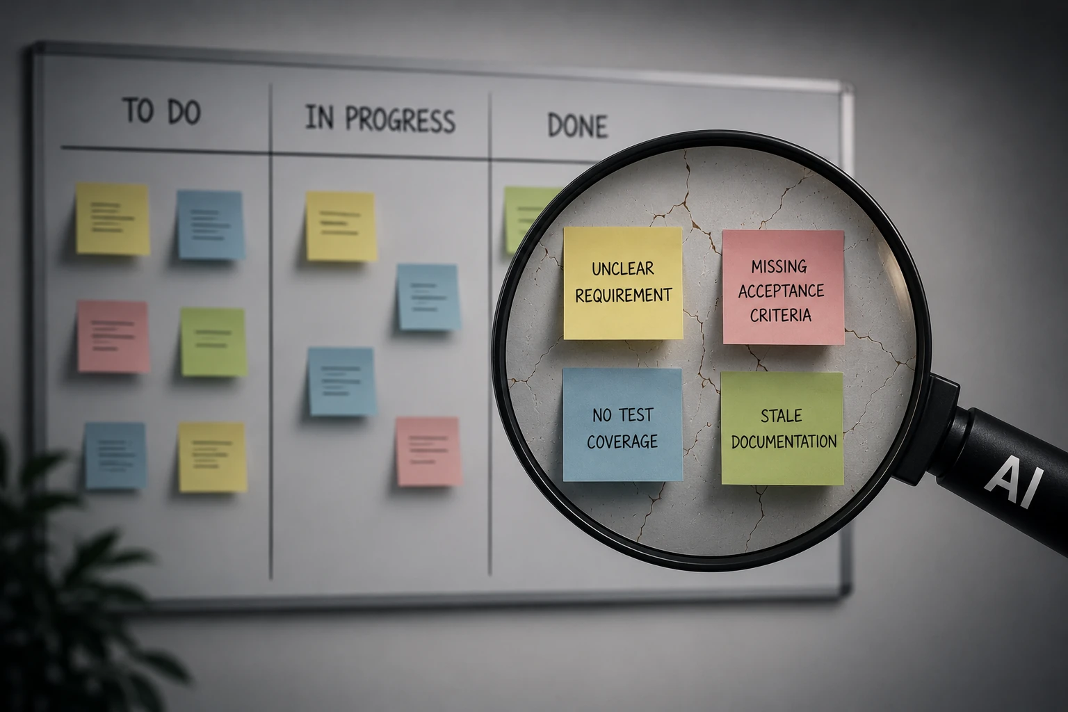 AI magnifying glass reveals common backlog problems — unclear requirements, missing acceptance criteria, no test coverage, stale documentation — on a Kanban board.