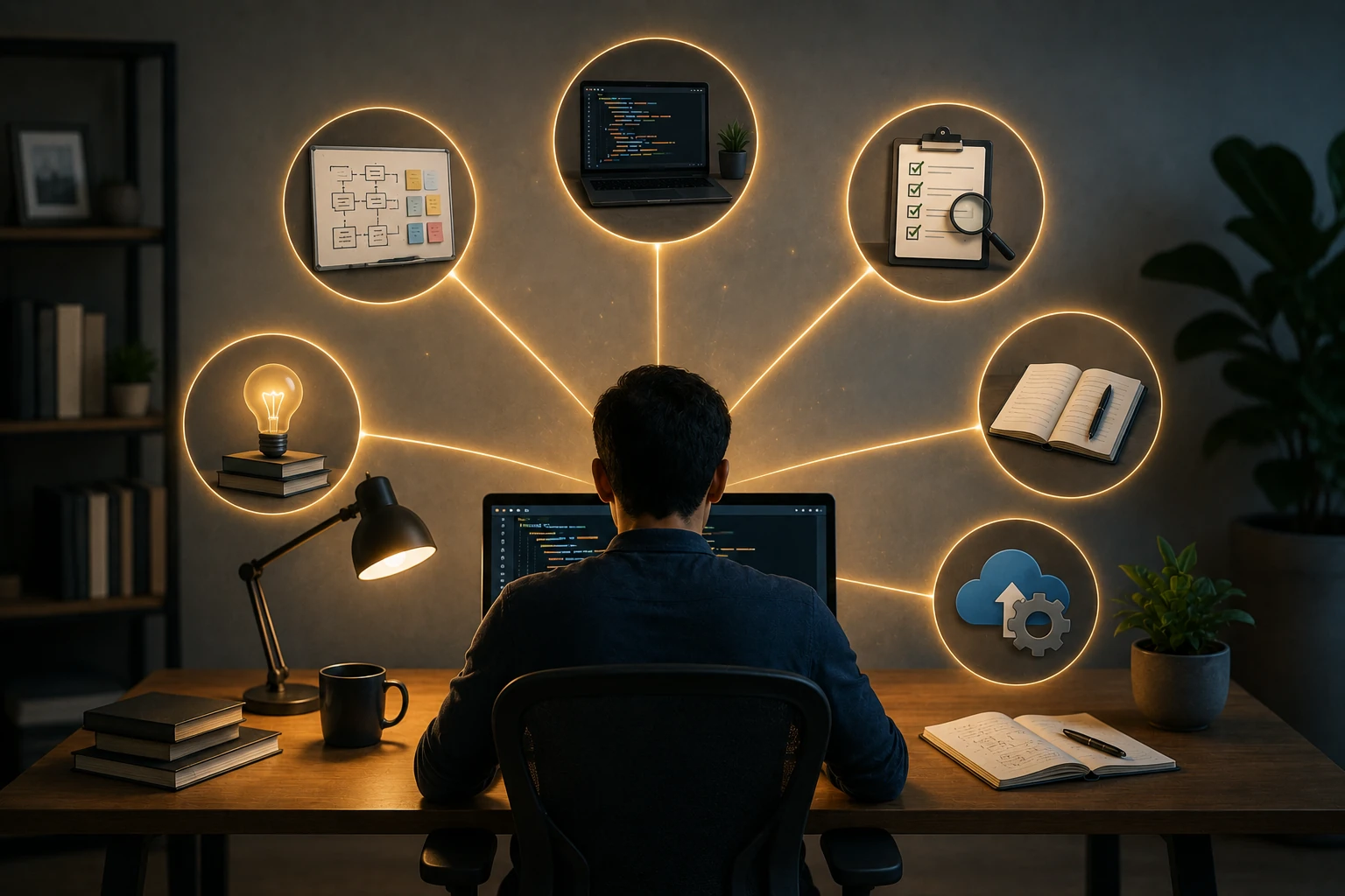 A software engineer working at a desk with multiple engineering activities radiating outward, representing AI-assisted productivity.