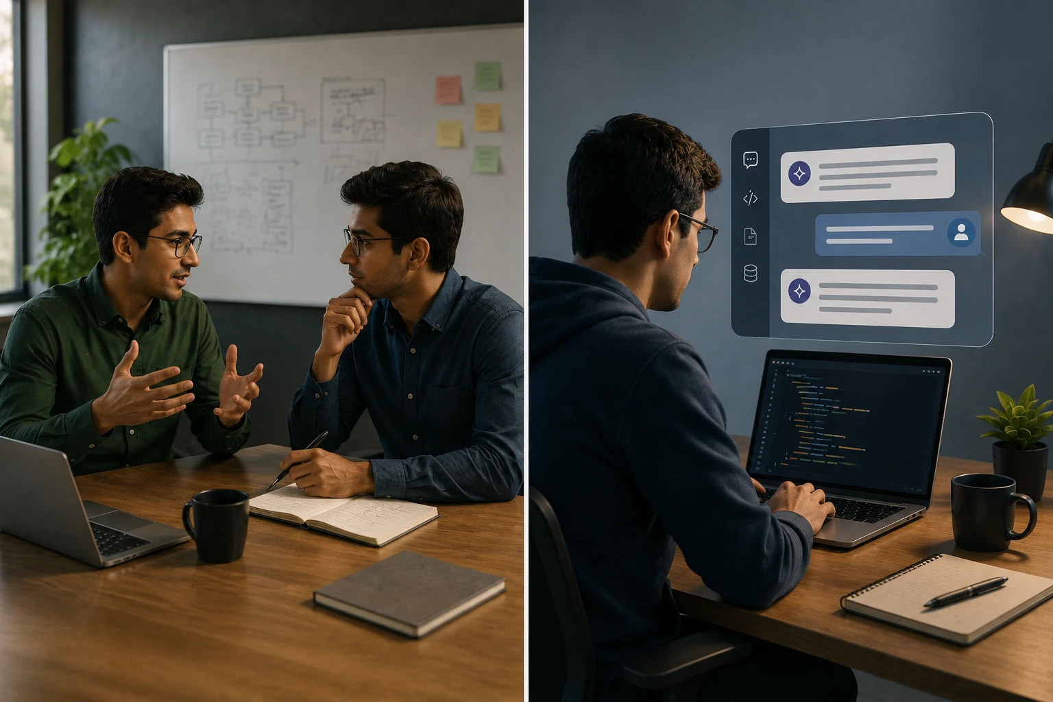 A split scene showing two engineers discussing requirements on one side and a developer using a coding assistant on the other.