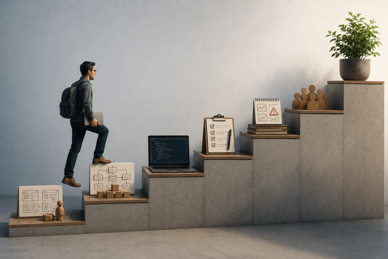 An engineer climbing steps representing product knowledge, architecture, codebase understanding, standards, production history, and team practices.