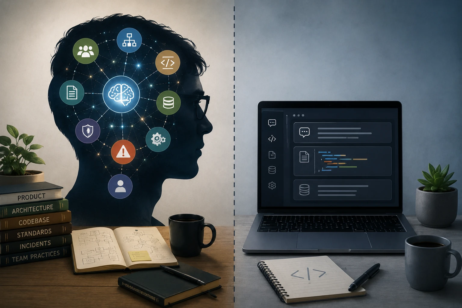 A visual contrast between a human engineer with connected knowledge and an AI assistant limited to the current prompt and selected context.