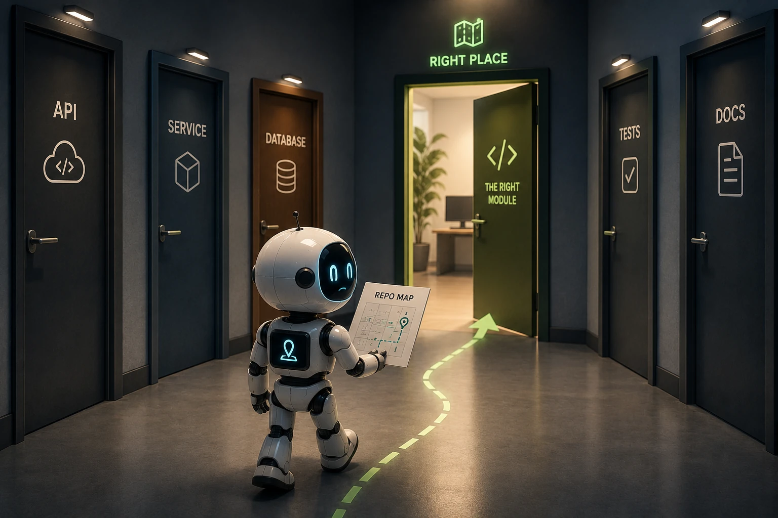 An AI assistant using a repository map to choose the correct module door among API, service, database, tests, and docs.