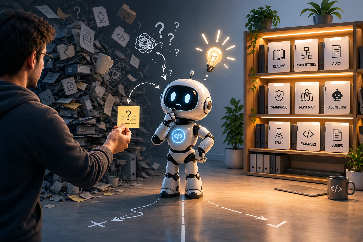An AI assistant comparing messy undocumented project context with an organized repository shelf of README, architecture, ADRs, standards, maps, tests, examples, and guides.
