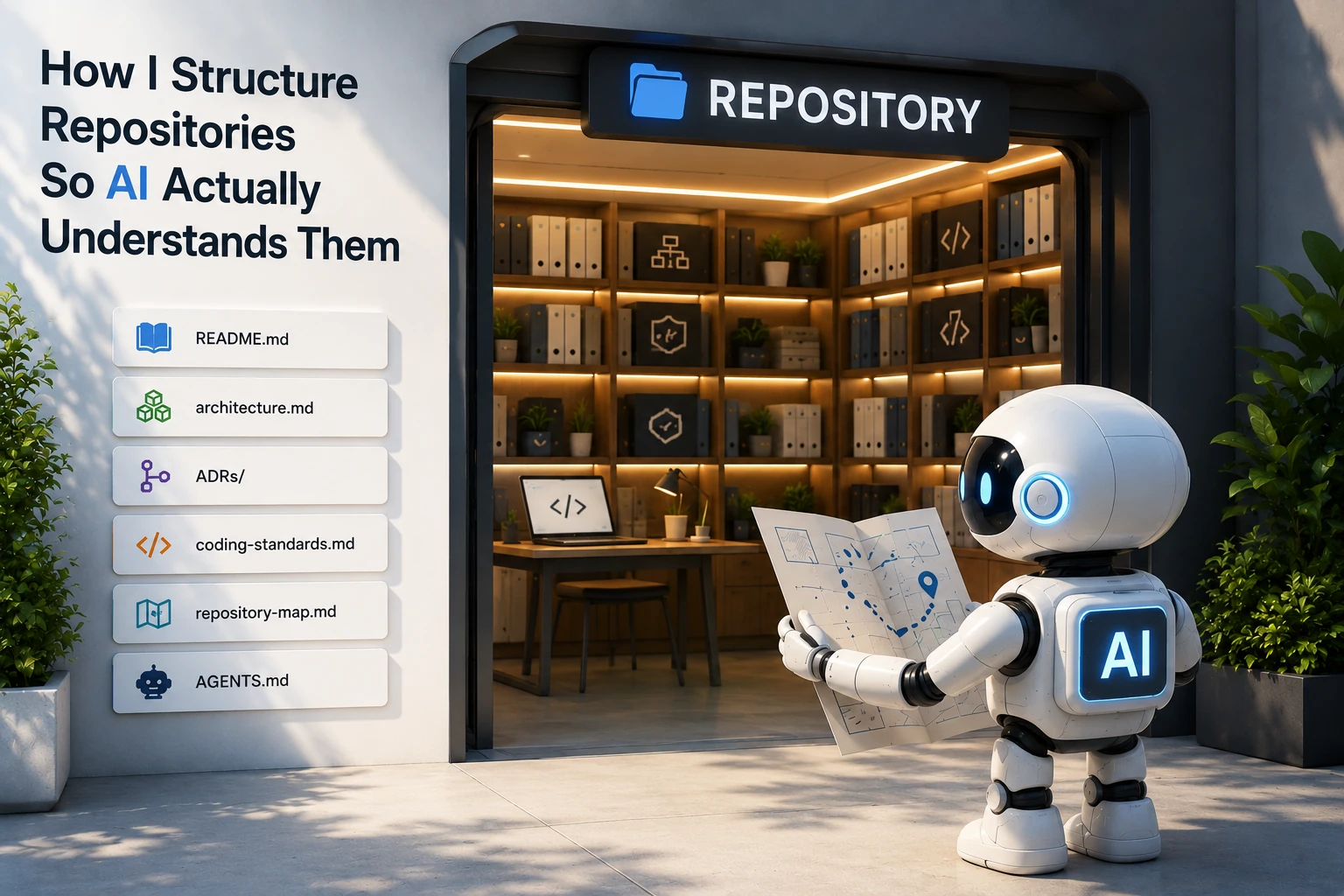 An AI assistant standing outside a repository entrance with README, architecture, ADR, coding standards, repository map, and AGENTS.md signs.