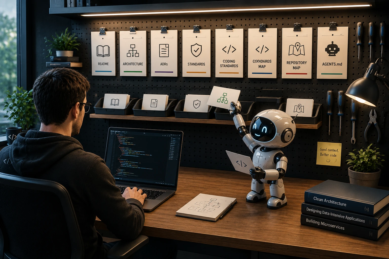 A developer and AI assistant organizing README, architecture, ADR, standards, repository map, and AGENTS.md documents on a workbench.