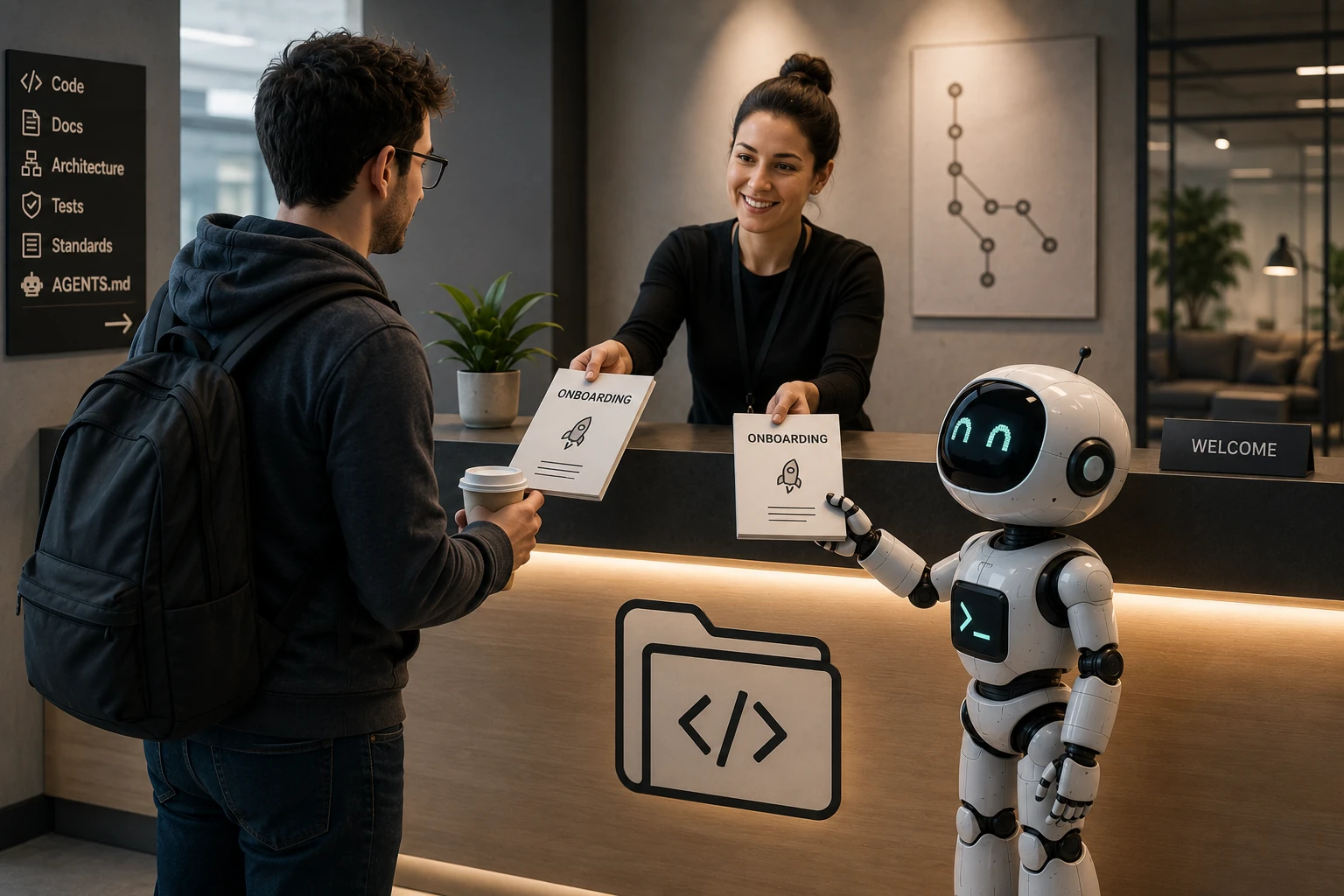 A repository reception desk where a human developer and AI assistant receive onboarding documents for code, docs, architecture, tests, standards, and AGENTS.md.