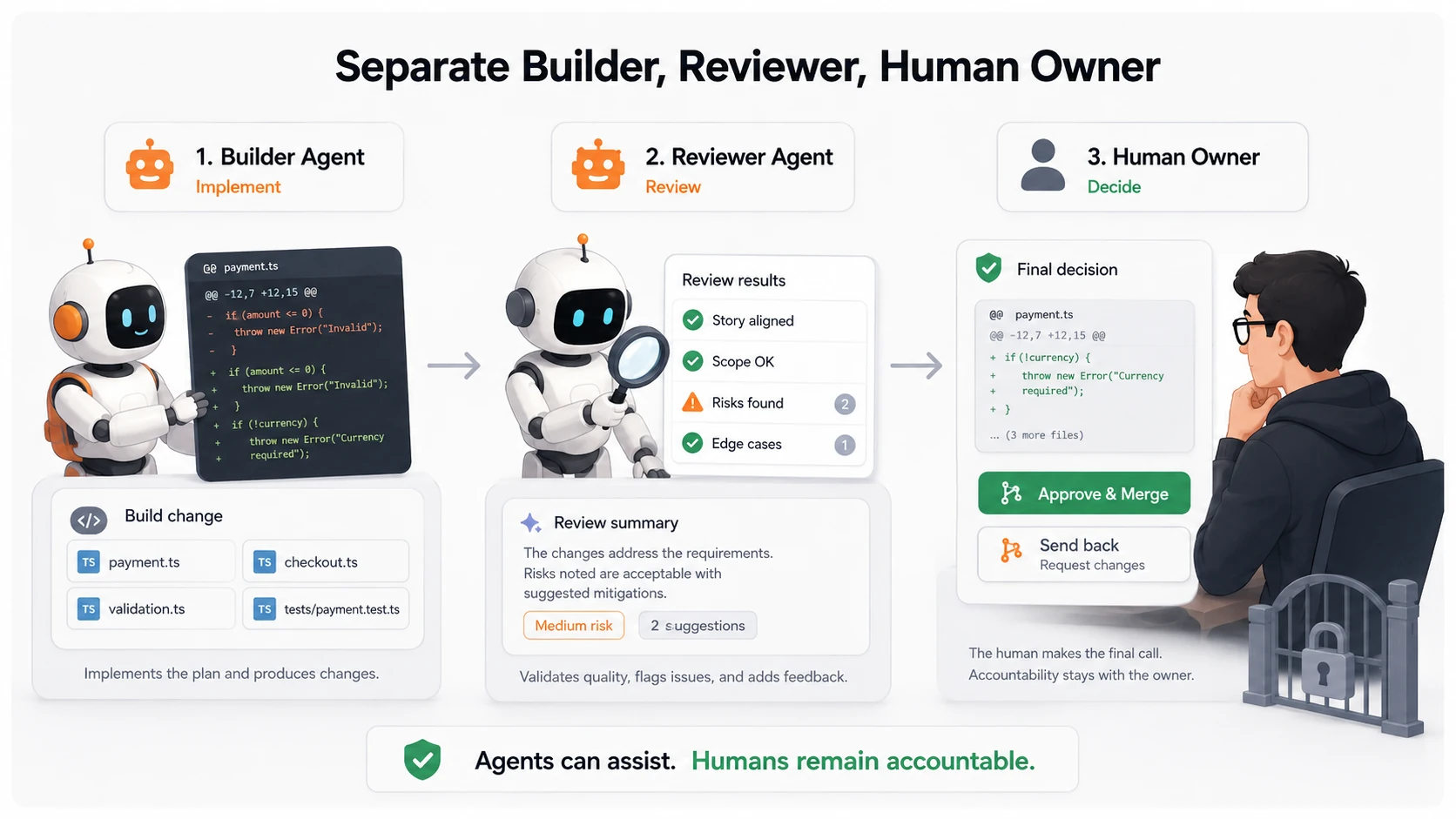 A workflow separating builder agent, reviewer agent, and human owner responsibilities.