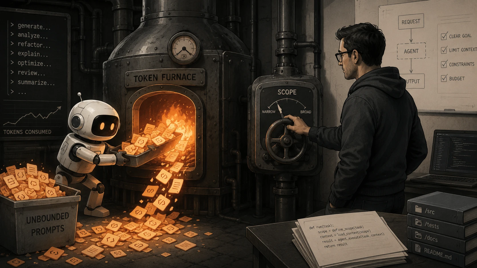A human operator setting scope while an AI agent feeds unbounded prompts into a token furnace.