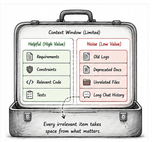 A suitcase-like context window showing high-value requirements, constraints, code, and tests competing with low-value old logs, deprecated documents, unrelated files, and long chat history.
