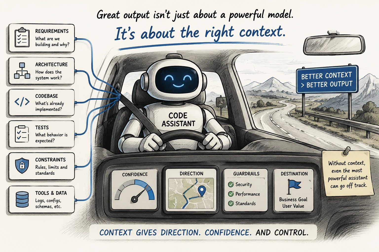 A code assistant driving with requirements, architecture, codebase, tests, constraints, tools, and data feeding into the dashboard for better direction and control.