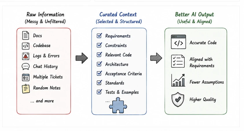 Diagram showing messy raw information becoming curated context, which leads to more accurate code, better requirement alignment, fewer assumptions, and higher quality.