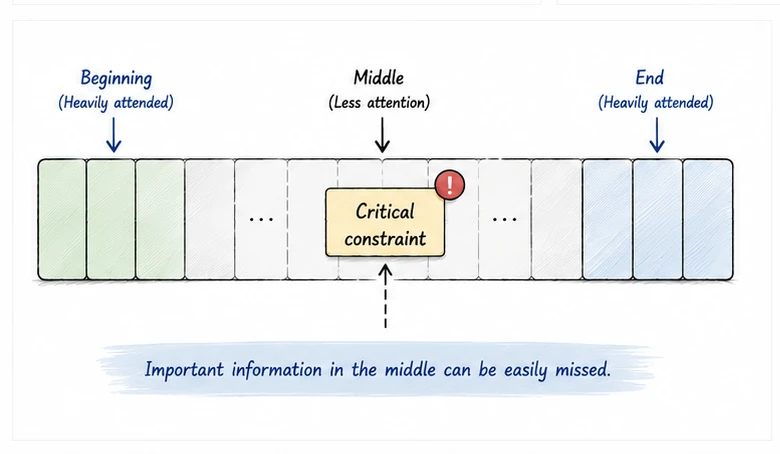 Diagram showing a long context window where the beginning and end receive more attention while a critical constraint in the middle can be missed.